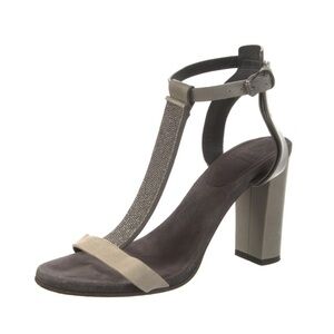 Brunello Cucinelli Block Heel Monili T-Strap Sandals